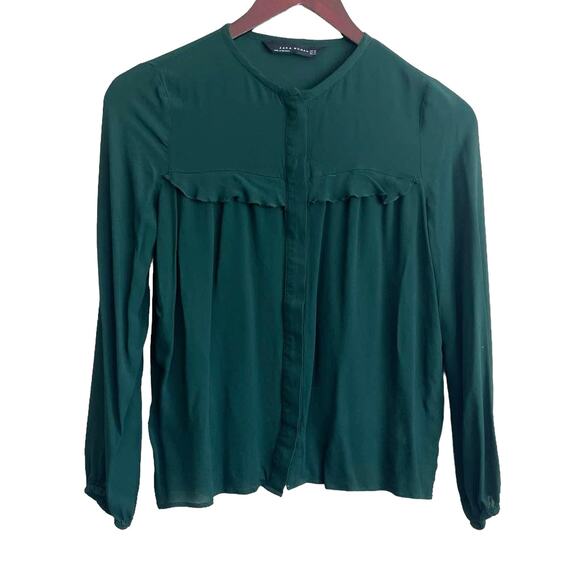 Zara WomenPleated Ruffle Top XS Forest Green Sheer Button Up Fairy‎ Whimsy Boho - Picture 1 of 10
